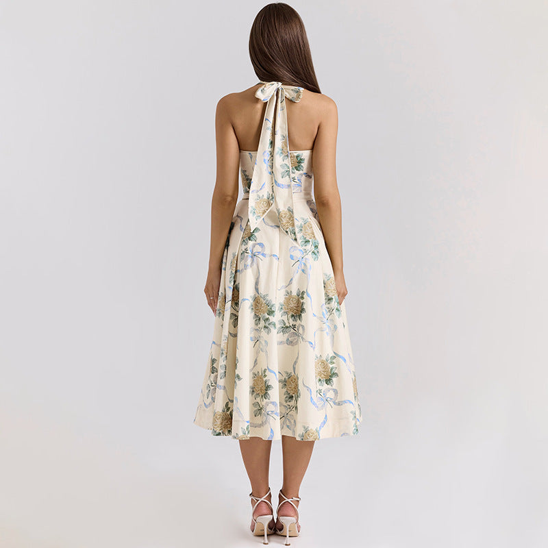 Damen Elegantes Blumen-Midikleid mit tiefem V-Ausschnitt Drune