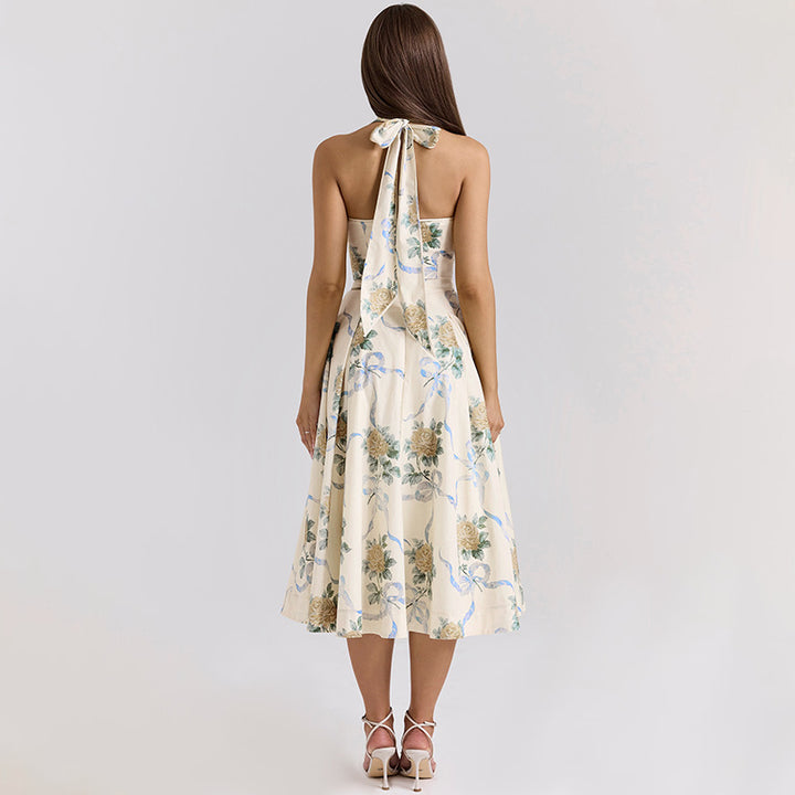 Damen Elegantes Blumen-Midikleid mit tiefem V-Ausschnitt Drune