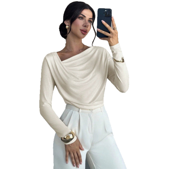 Damen elegantes drapiertes Langarm-Top mit Wasserfallkragen und taillierter Silhouette Drune