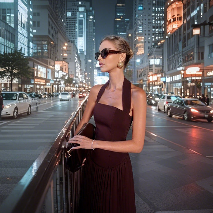 Damen Elegantes Maxikleid mit Rückenausschnitt und plissiertem Rock Drune