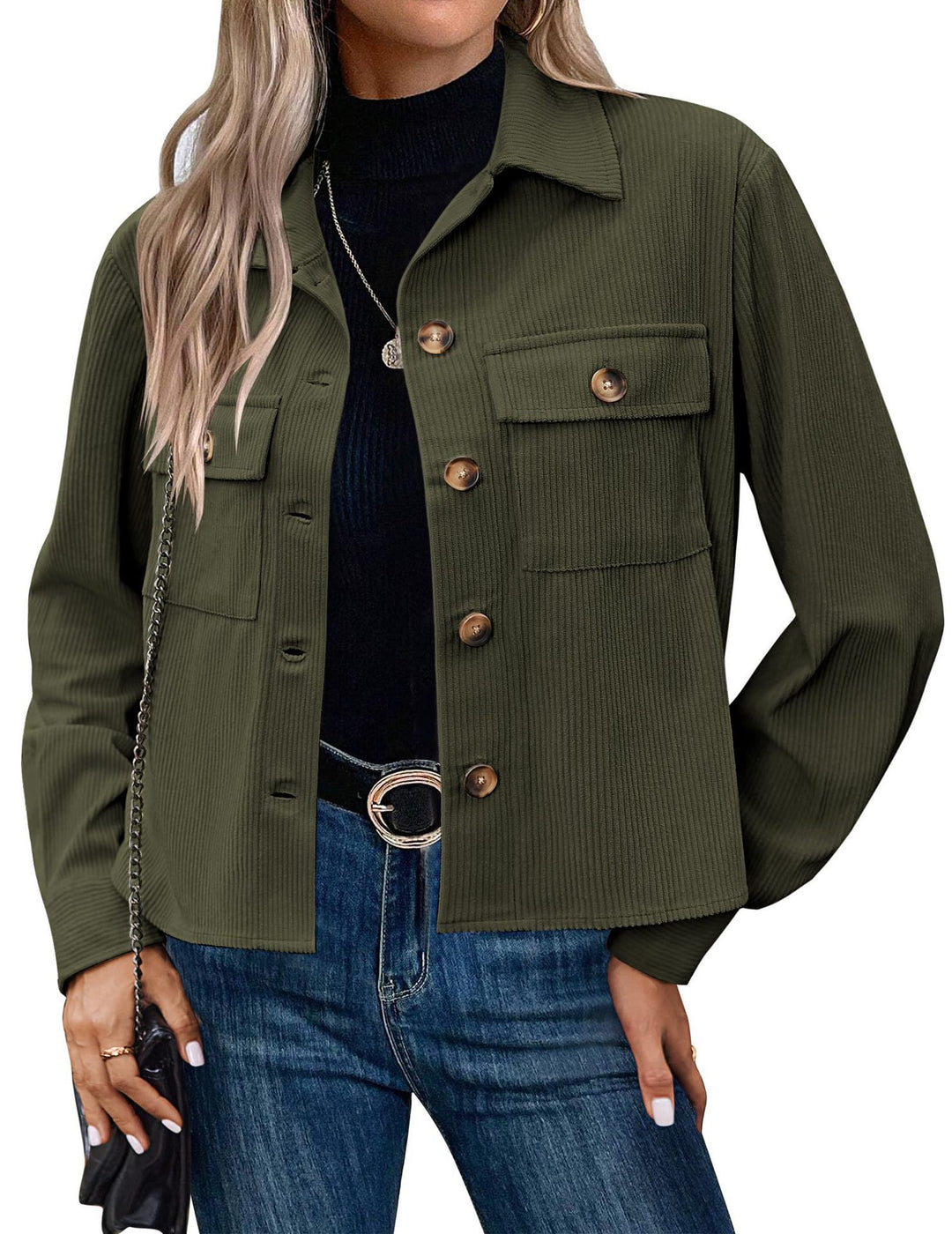 Damen lässige Utility-Jacke mit Knopfverschluss und praktischen Brusttaschen Drune