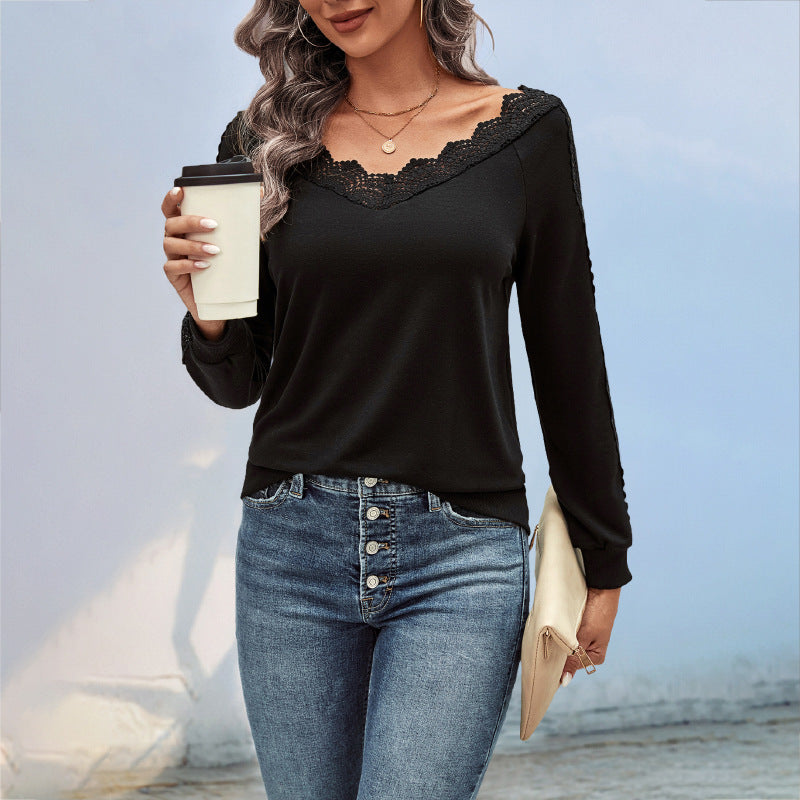Damen Feinstrick-Longsleeve mit Spitzen-V-Ausschnitt und Spitzenbesatz an den Ärmeln Drune