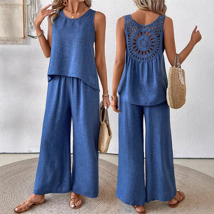 Damen luftiges Sommer-Set mit gehäkeltem Rückenteil und weitem Schnitt Drune