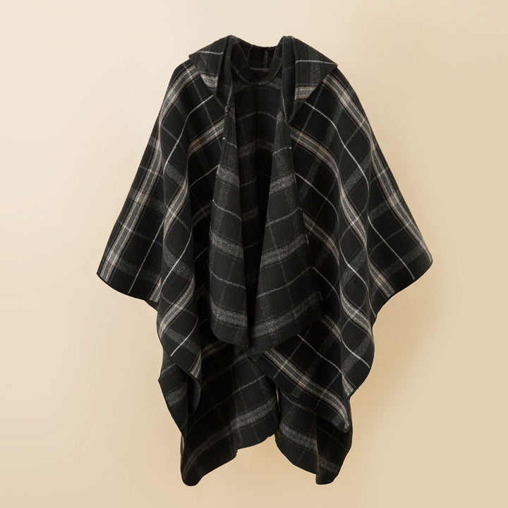 Damen Kapuzen-Poncho mit Karomuster, weichfallender Wollmix und offenem Oversize-Fall Drune