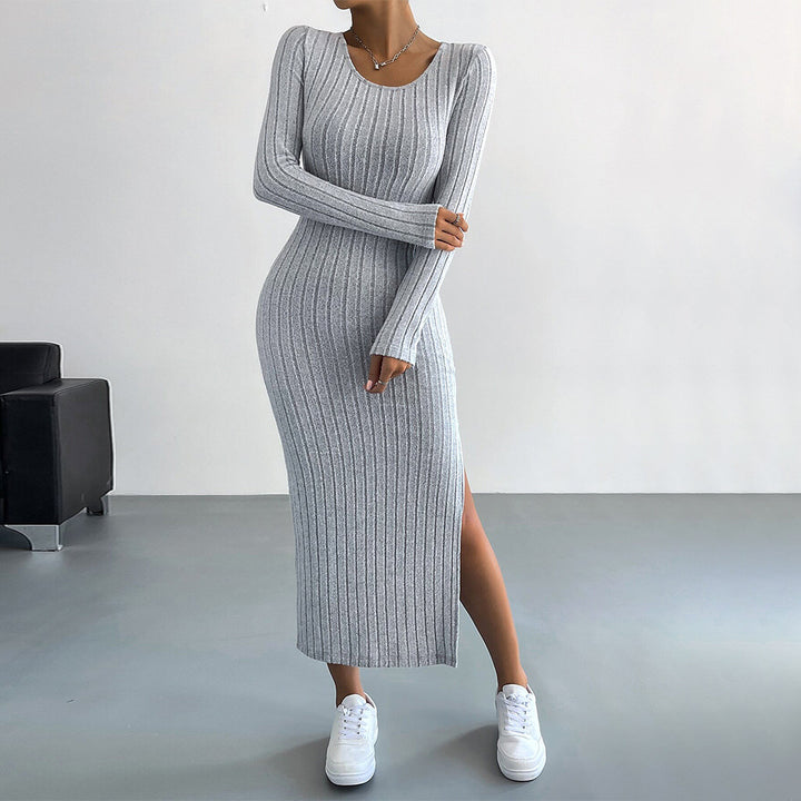 Damen figurbetontes Rippenstrick-Midikleid mit schmaler Silhouette, Rundhalsausschnitt und seitlichem Oberschenkelschlitz Drune