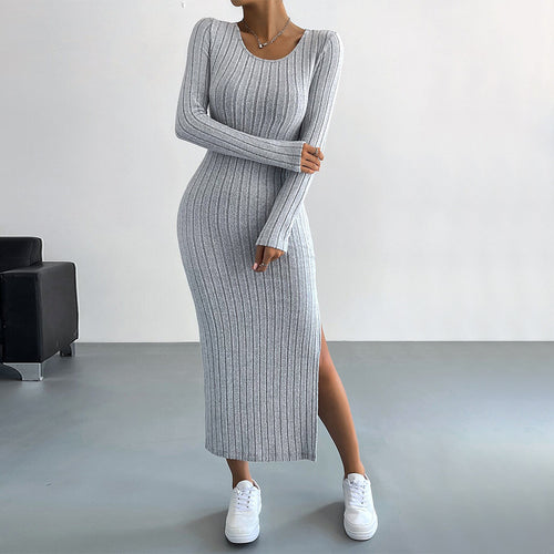 Damen figurbetontes Rippenstrick-Midikleid mit schmaler Silhouette, Rundhalsausschnitt und seitlichem Oberschenkelschlitz Drune
