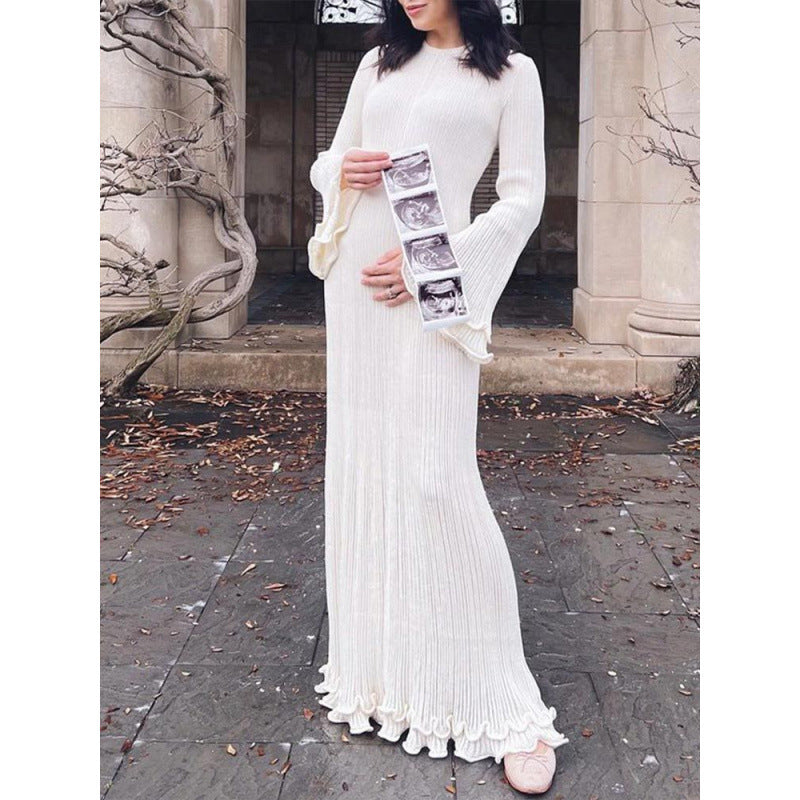 Damen Geripptes Maxikleid mit langen Ärmeln, Volantmanschetten und Rüschenabschluss Drune