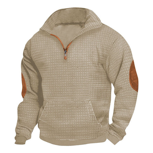 Herren nan thermoregulierender Waffelstrick-Halbzippullover mit Kängurutasche und Lederimitat-Ellbogenpatches Drune