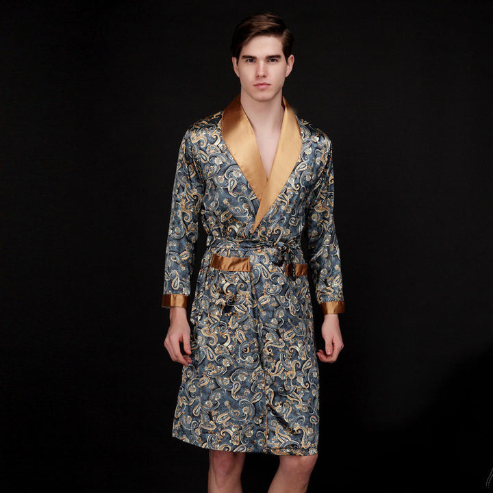 Herren Satin Morgenmantel mit luxuriösem Paisleymuster und Taillengürtel Drune