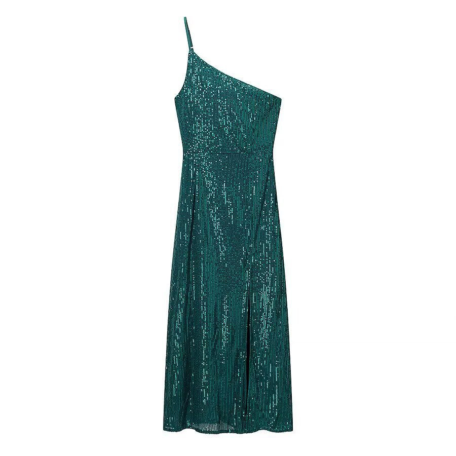 Damen glamouröses Abendkleid mit asymmetrischem Schnitt und schimmernden Pailletten Drune