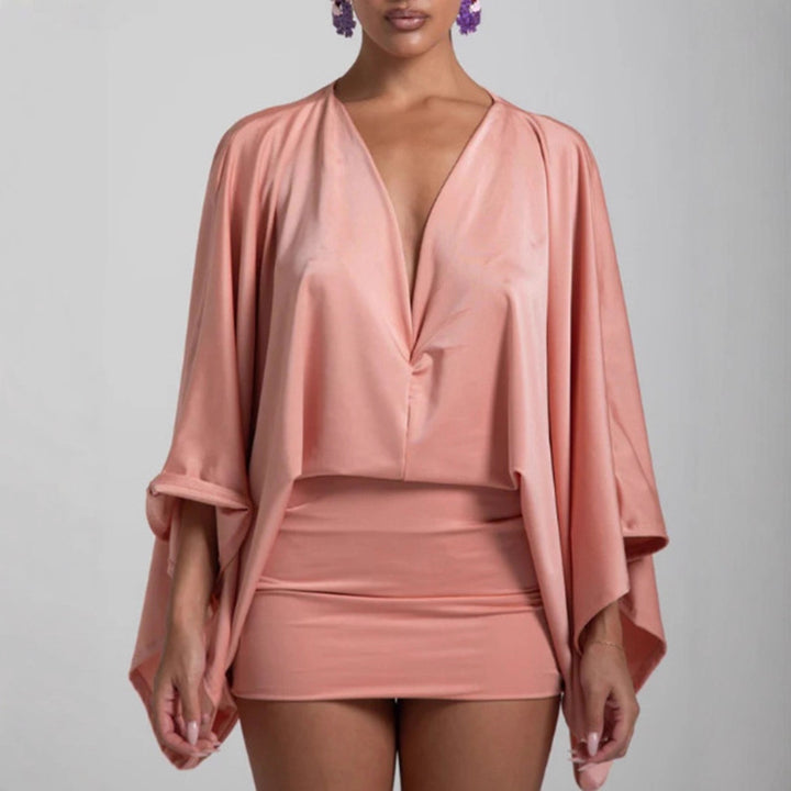 Damen nan Cape-Minikleid mit tiefem V-Ausschnitt, Fledermausärmeln und tailliertem Minirock Drune