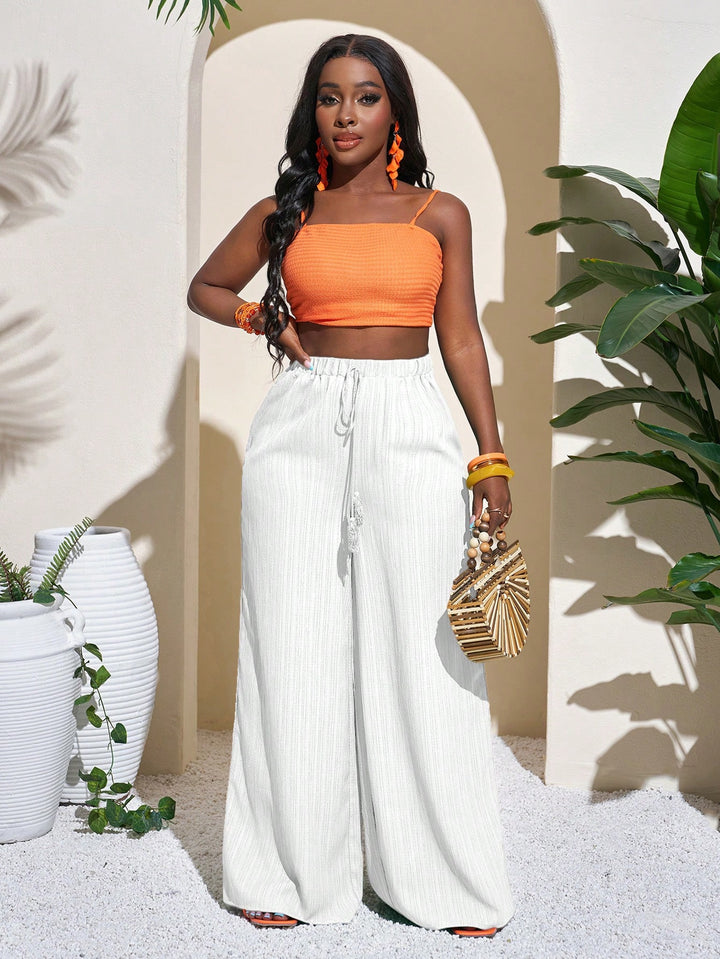 Damen Palazzo-Hose mit hohem Bund, elastischem Kordelzug und weitem Bein Drune