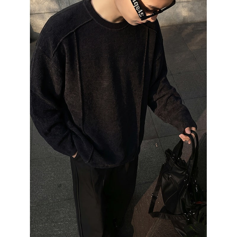 Herren Oversize Waffelstrick-Pullover mit Rundhalsausschnitt Drune