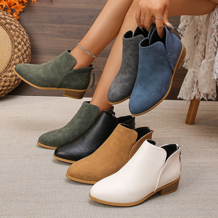Damen Kurzstiefel mit Fersenreißverschluss, seitlichem Cut-Out und niedrigem Blockabsatz Drune