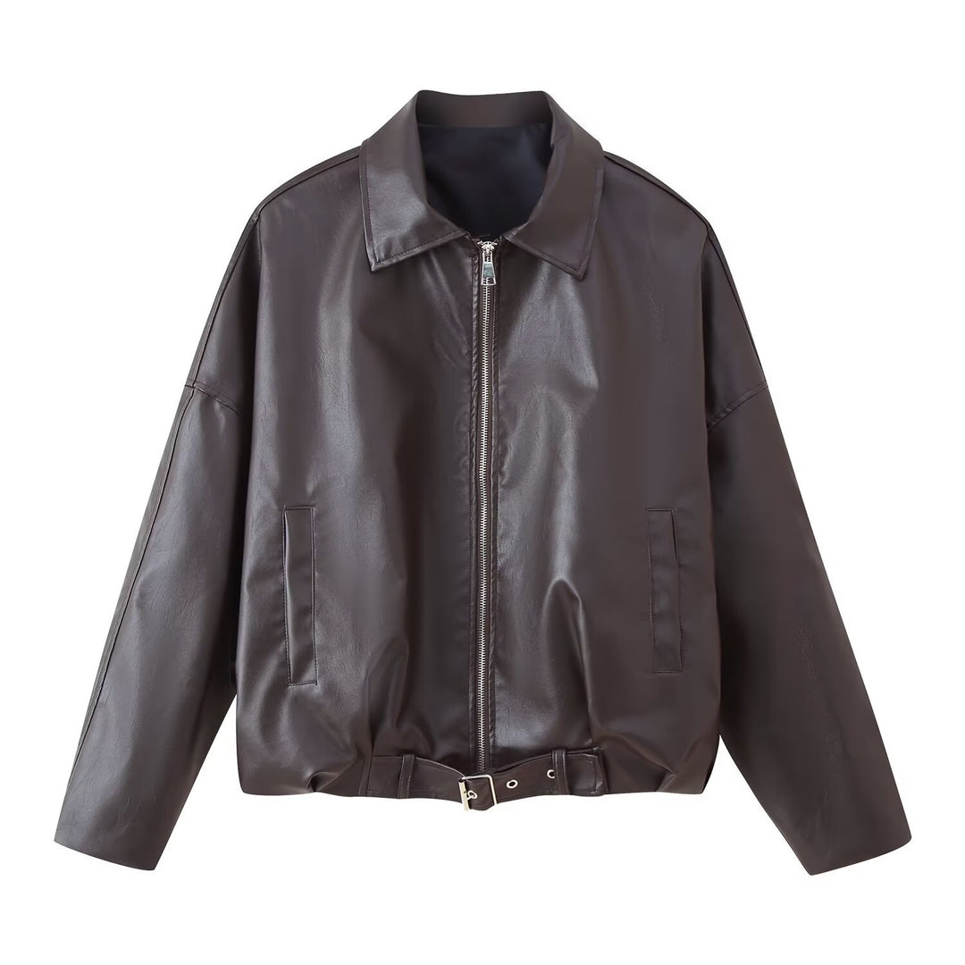 Damen modische Kunstlederjacke mit Taillengürtel Drune