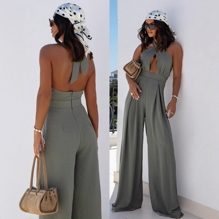 Damen Jumpsuit mit tiefem V-Ausschnitt und weiten Beinen Drune