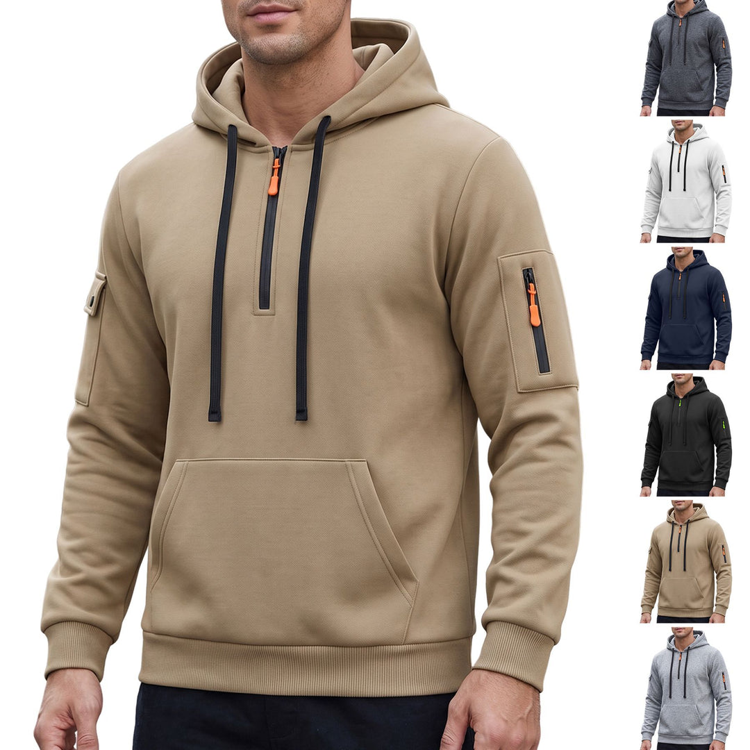 Herren Kapuzenpullover mit halbem Reißverschluss und Utility-Ärmeltasche Drune