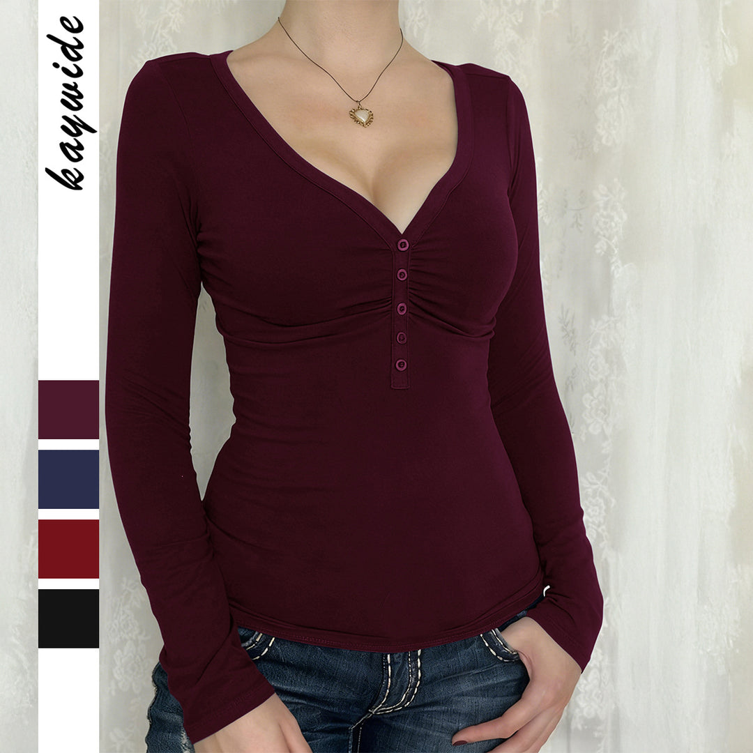 Damen nan tailliertes Langarmshirt mit geraffter Knopfleiste und tiefem V-Ausschnitt Drune