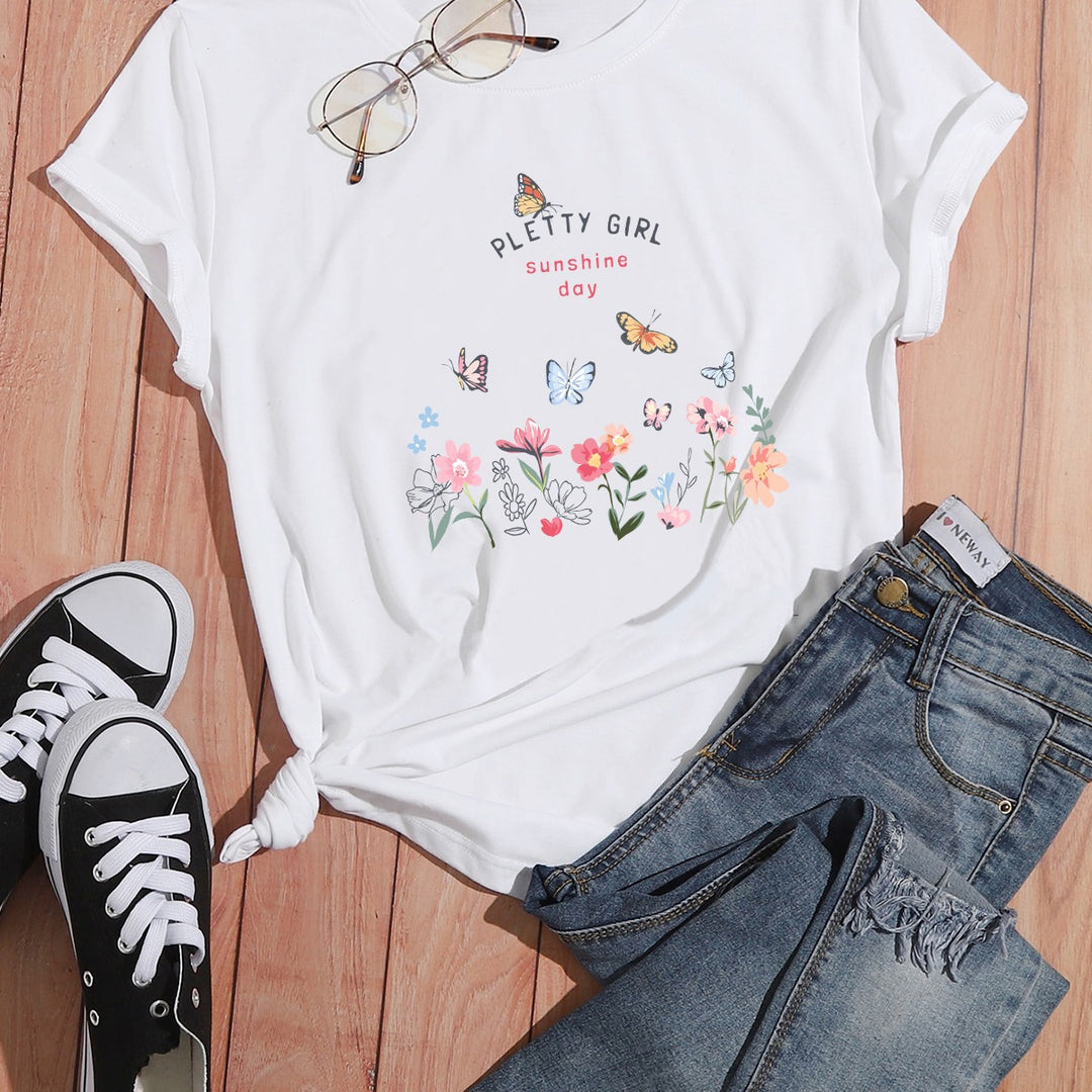 Damen T-Shirt mit verspieltem Blumendruck und elegantem Aufdruck Drune