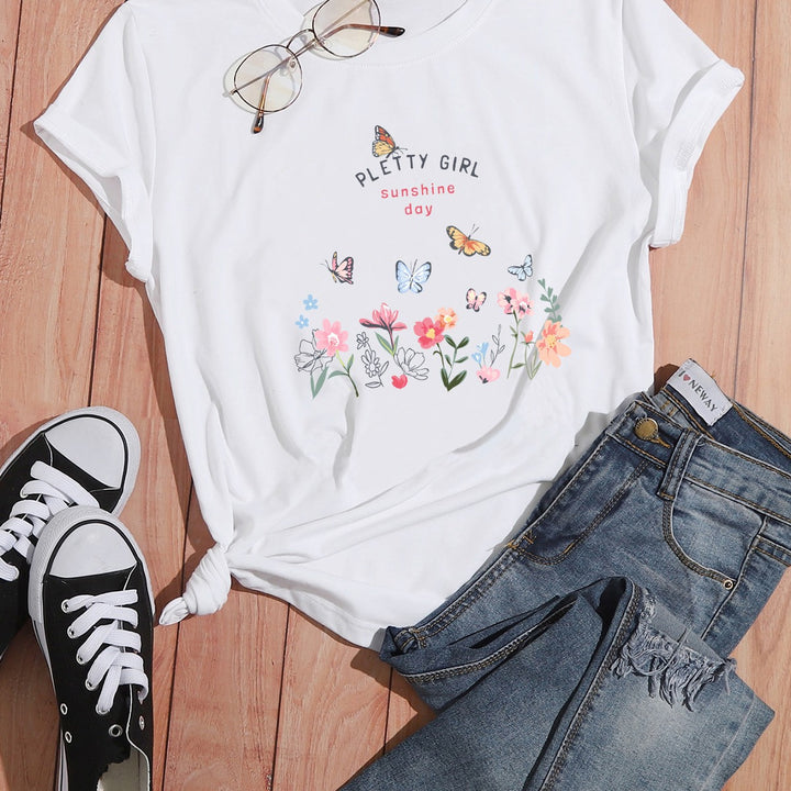 Damen T-Shirt mit verspieltem Blumendruck und elegantem Aufdruck Drune