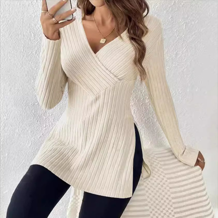 Damen Gerippter Wickel‑V‑Ausschnitt Longpullover mit Taillenbetonung und Seitenschlitzen Drune