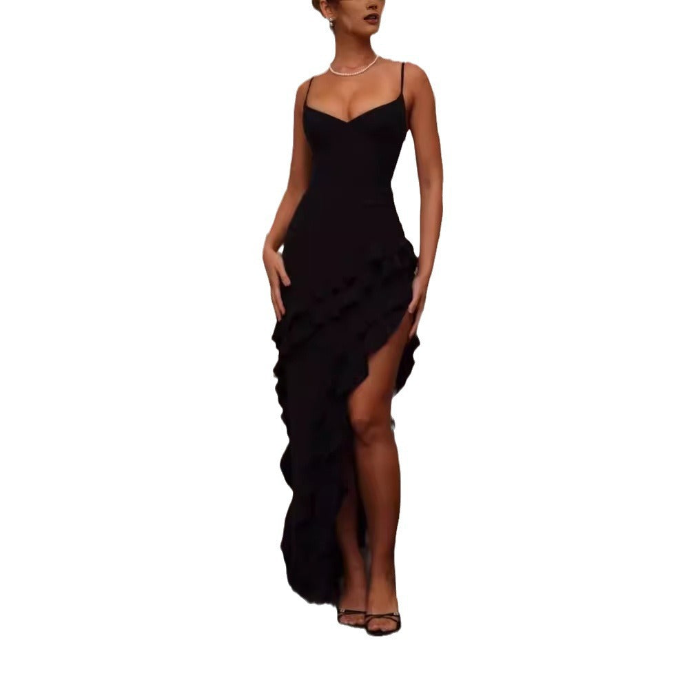 Damen Elegantes Maxikleid mit voluminösen Rüschendetails und sexy Schlitz Drune