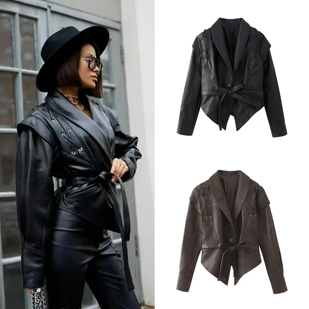 Damen nan taillierte Bindegürtel-Kunstlederjacke mit Schalkragen und Schnürdetails Drune