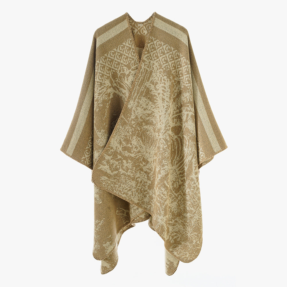Damen Luxuriöser Jacquard-Motivponcho mit asymmetrischem Zipfelsaum Drune