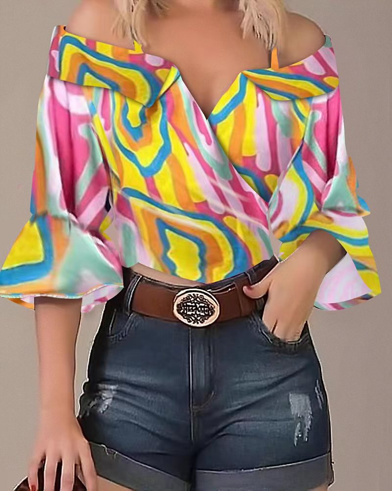 Damen Off-Shoulder Bluse mit buntem Streifenmuster und weiten Ärmeln Drune