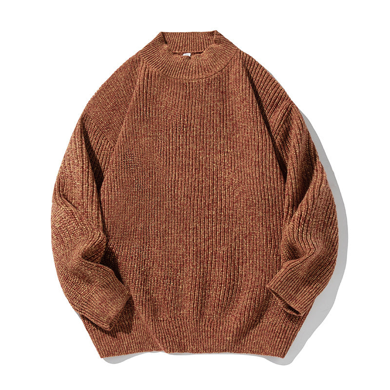 Unisex Oversize Grobgestrickter Pullover mit geripptem Stehkragen und Chenille‑Melange Drune