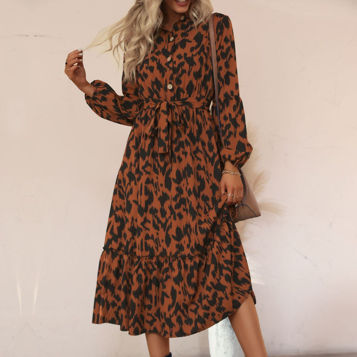 Damen Midikleid mit Animal-Print, Knopfleiste, Taillengürtel und Stufenrock Drune