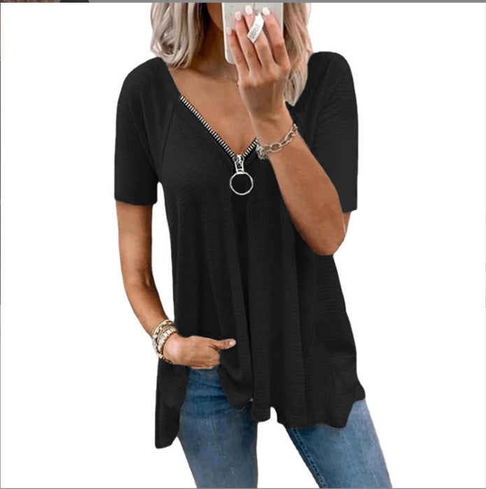 Damen lässiges T-Shirt mit stylischem Reißverschluss-Detail Drune