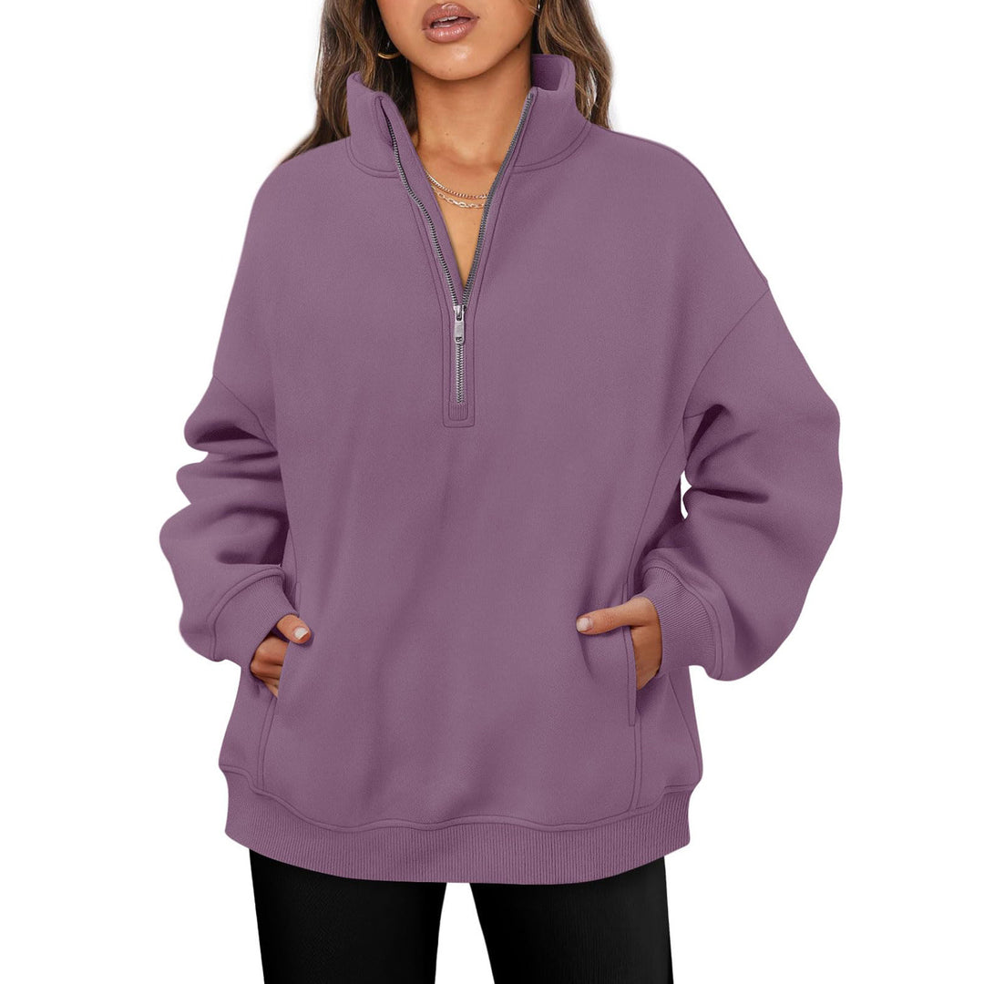 Damen nan oversized Halbzip-Pullover mit Stehkragen, Kängurutasche und Rippbündchen Drune