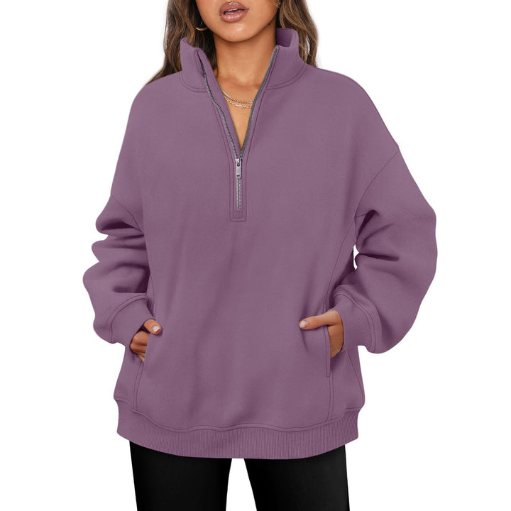 Damen nan oversized Halbzip-Pullover mit Stehkragen, Kängurutasche und Rippbündchen Drune