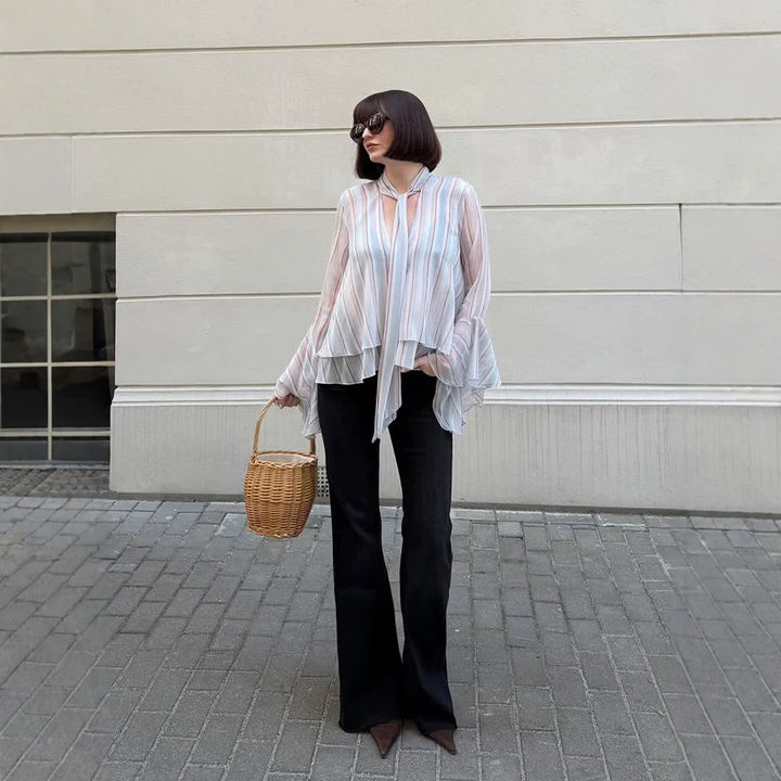 Damen Gestreifte Chiffon-Bluse mit Bindeschleife, Volant-Saum & Glockenärmeln Drune