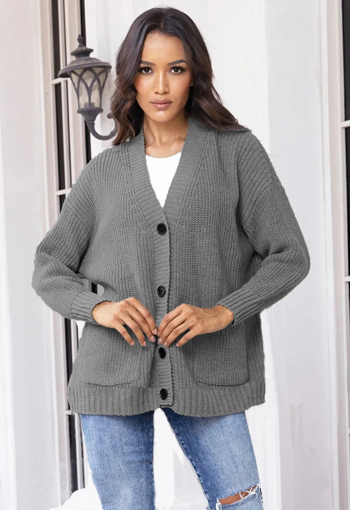 Damen modische Strickjacke mit durchgehendem Knopfverschluss und großen Taschen Drune