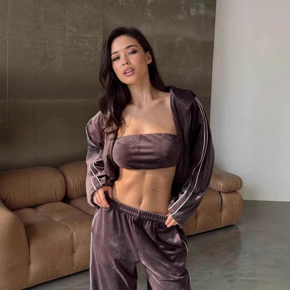 Damen dreiteiliges Samt-Lounge-Set mit Bandeau-Top, Kapuzen-Zipjacke und weiter High-Waist Palazzo-Hose Drune