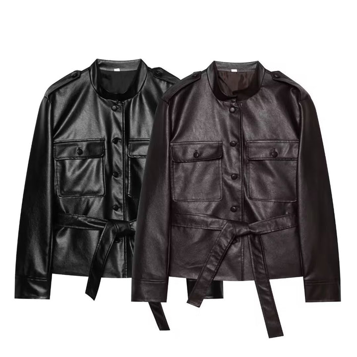 Damen Kurzjacke aus Kunstleder mit Taillengürtel, Pattentaschen und Stehkragen Drune