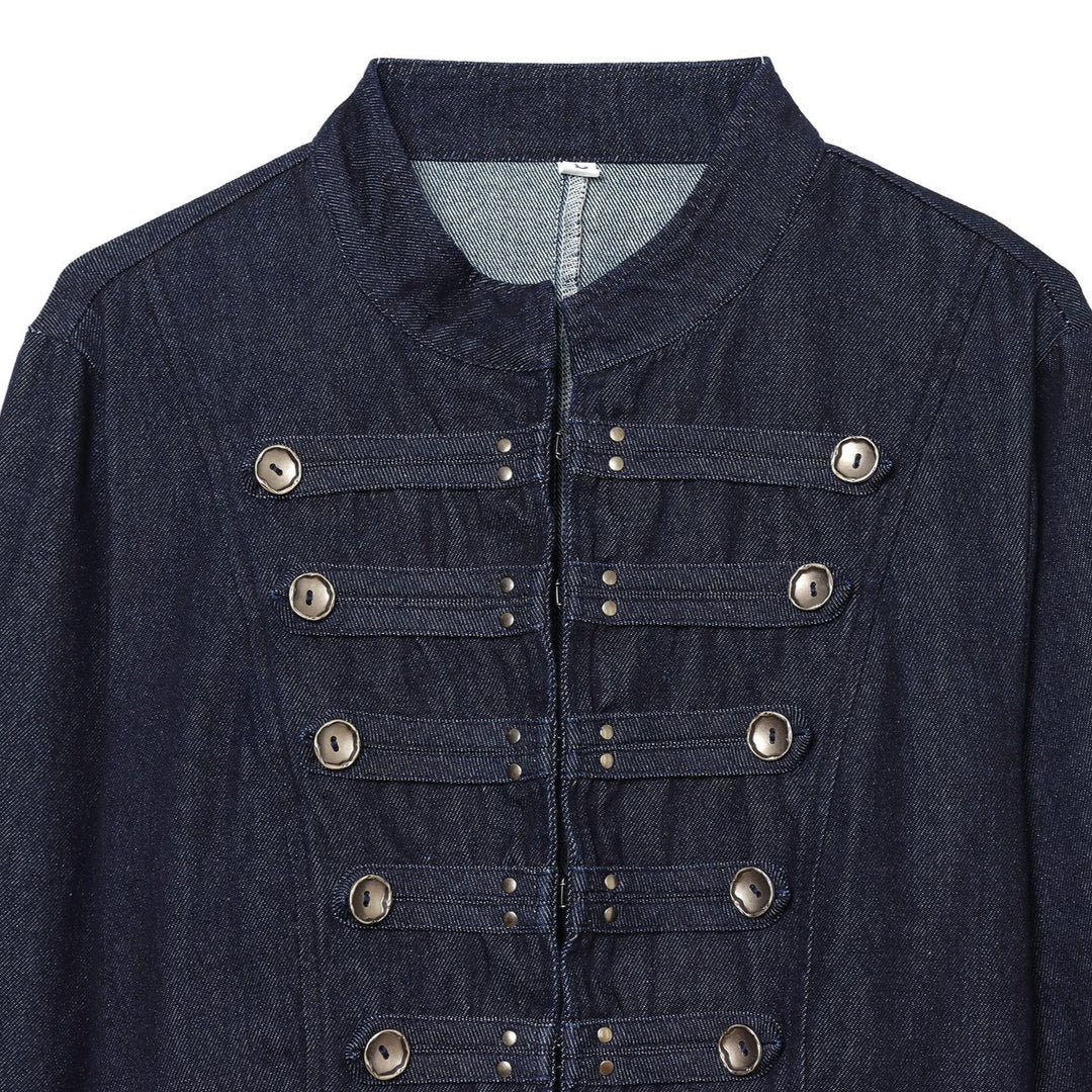 Damen Cropped Denim‑Militärjacke mit Stehkragen und dekorischer Zierknopfleiste Drune