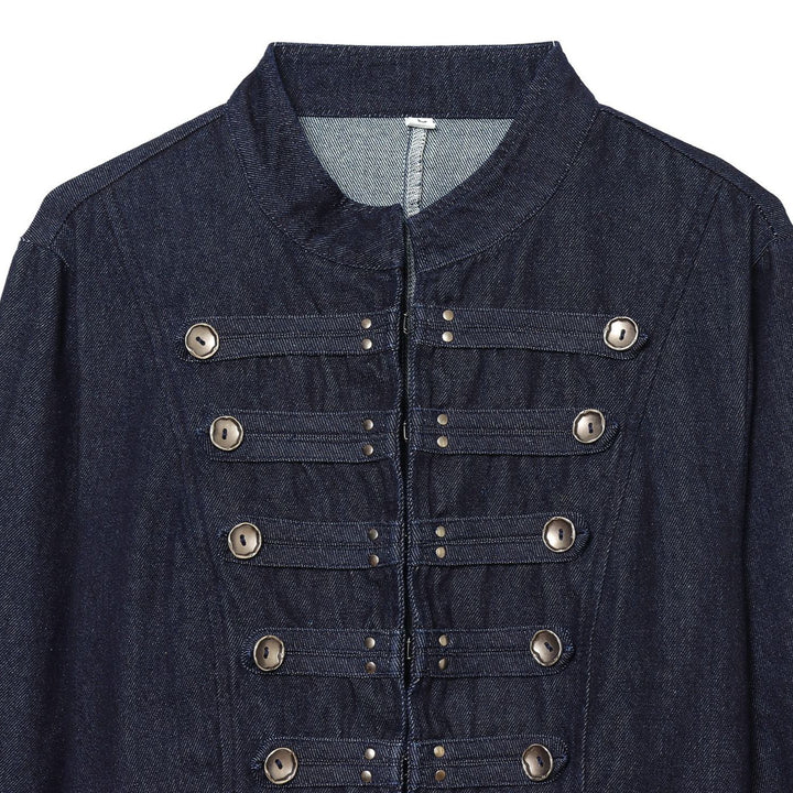 Damen Cropped Denim‑Militärjacke mit Stehkragen und dekorischer Zierknopfleiste Drune