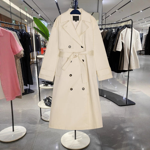 Damen Langer Trenchcoat mit doppelreihiger Knopfleiste, Taillengürtel und breitem Revers Drune