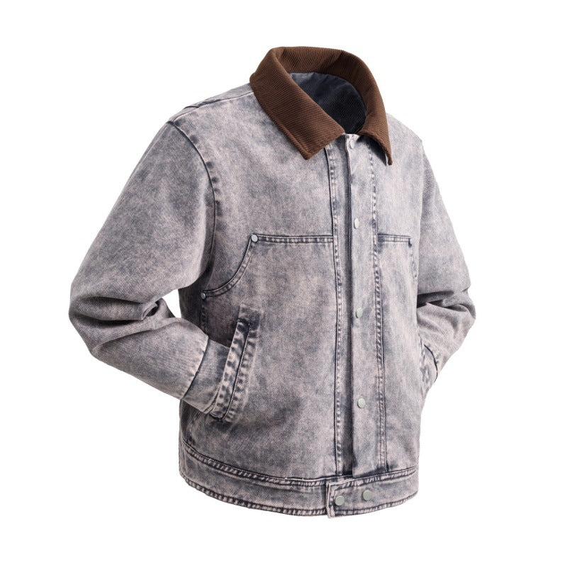 Herren wattierte Jeansjacke mit Cordkragen, Druckknopfleiste und praktischen Seitentaschen Drune