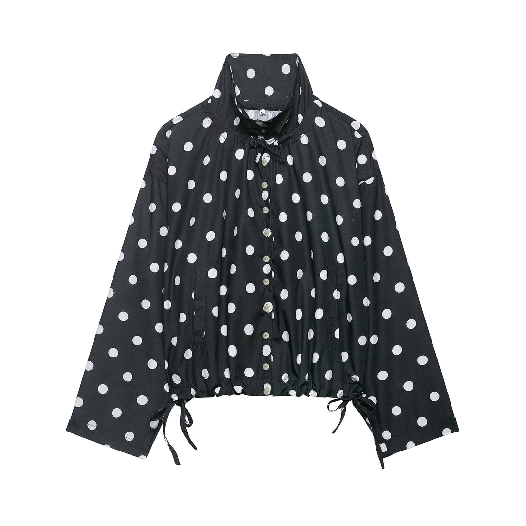 Damen Leichte Bluse im Polka‑Dot‑Design mit Stehkragen, Tunnelzugsaum und Knopfleiste Drune
