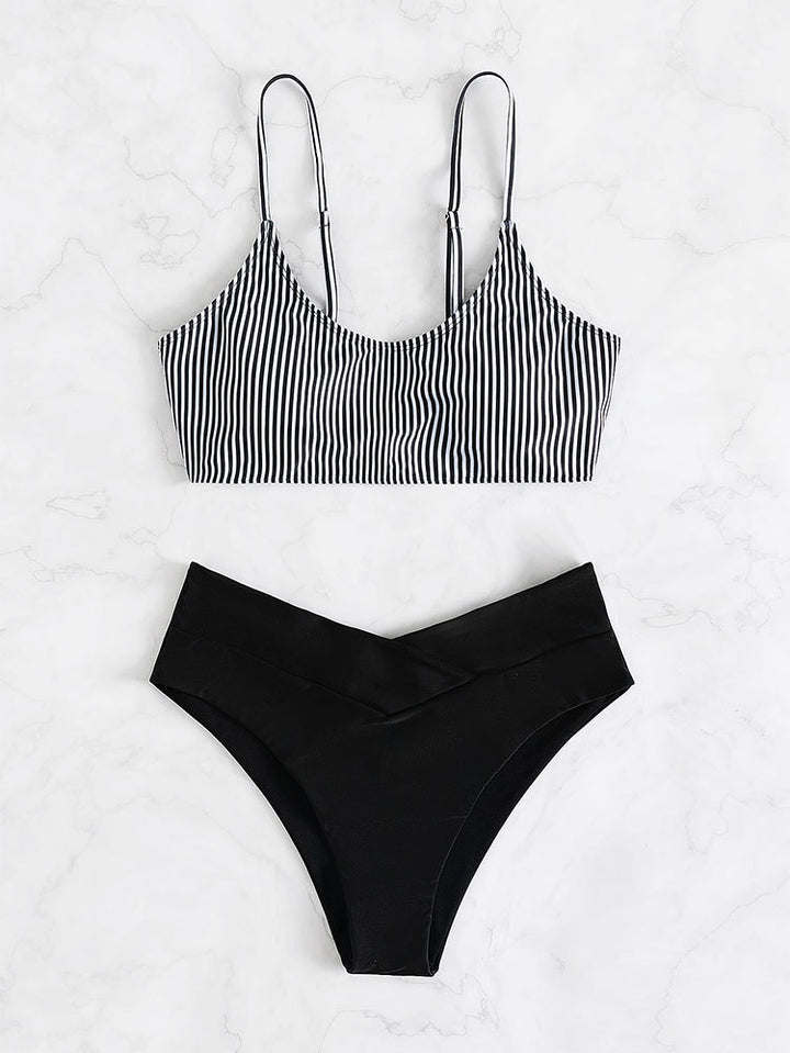 Damen Sport-Bikini-Set mit Streifenmuster und Hoher Taille Drune