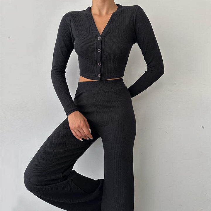 Damen modisches Cropped-Set mit langärmligem Oberteil und weiter Hose Drune