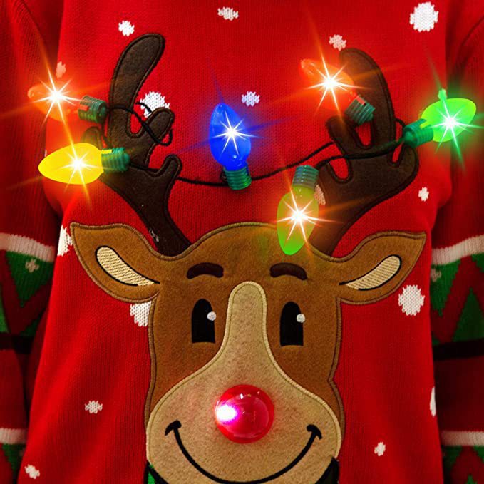 Damen nan weihnachtlicher Strickpullover mit Rentierapplikation integrierter Lichterkette und dreidimensionalem Nasenpompom Drune