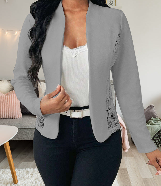 Damen elegante Blazerjacke mit Spitzenakzenten Drune
