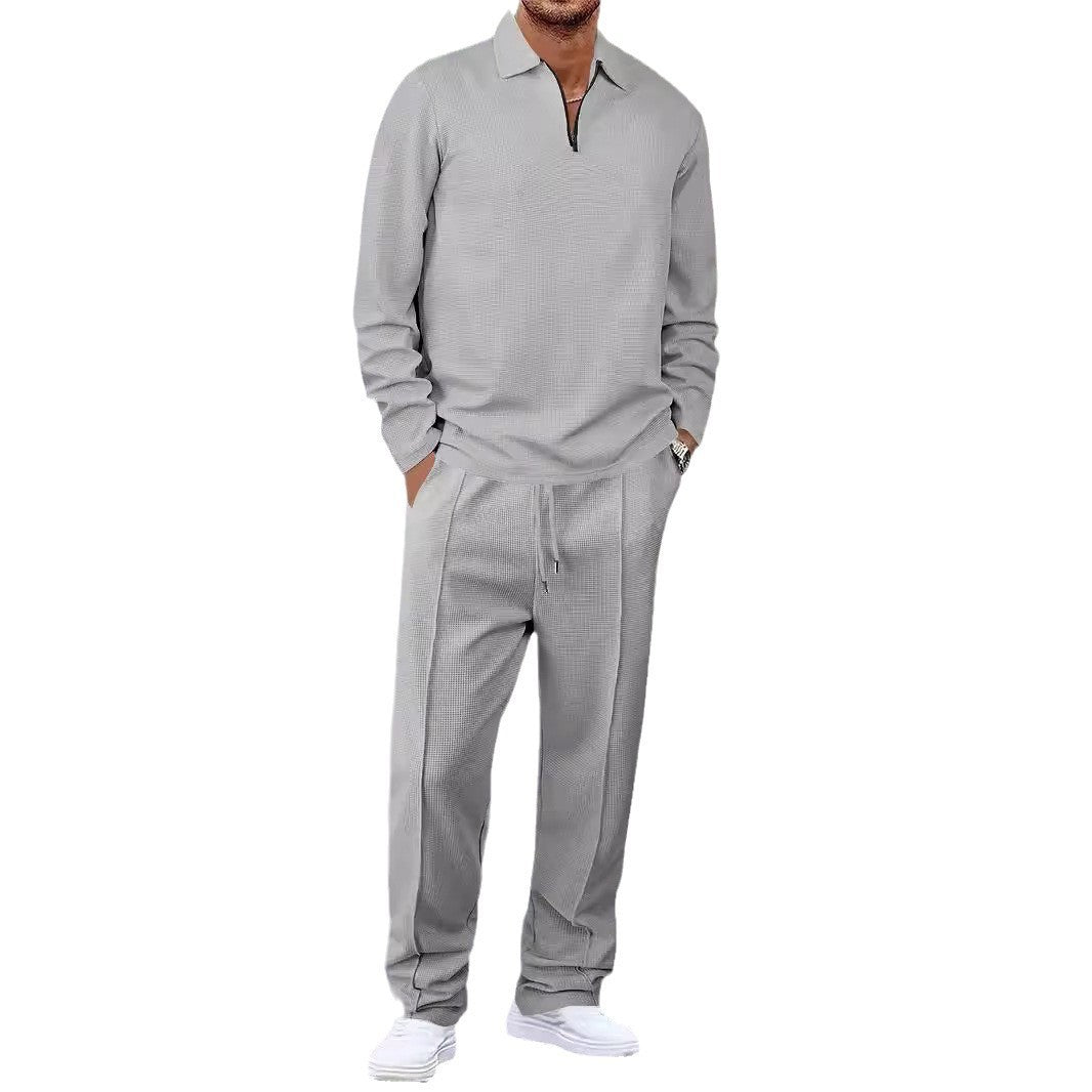 Unisex nan Waffelstruktur Freizeit-Set mit Halbzip-Poloshirt und elastischer Bundhose Drune