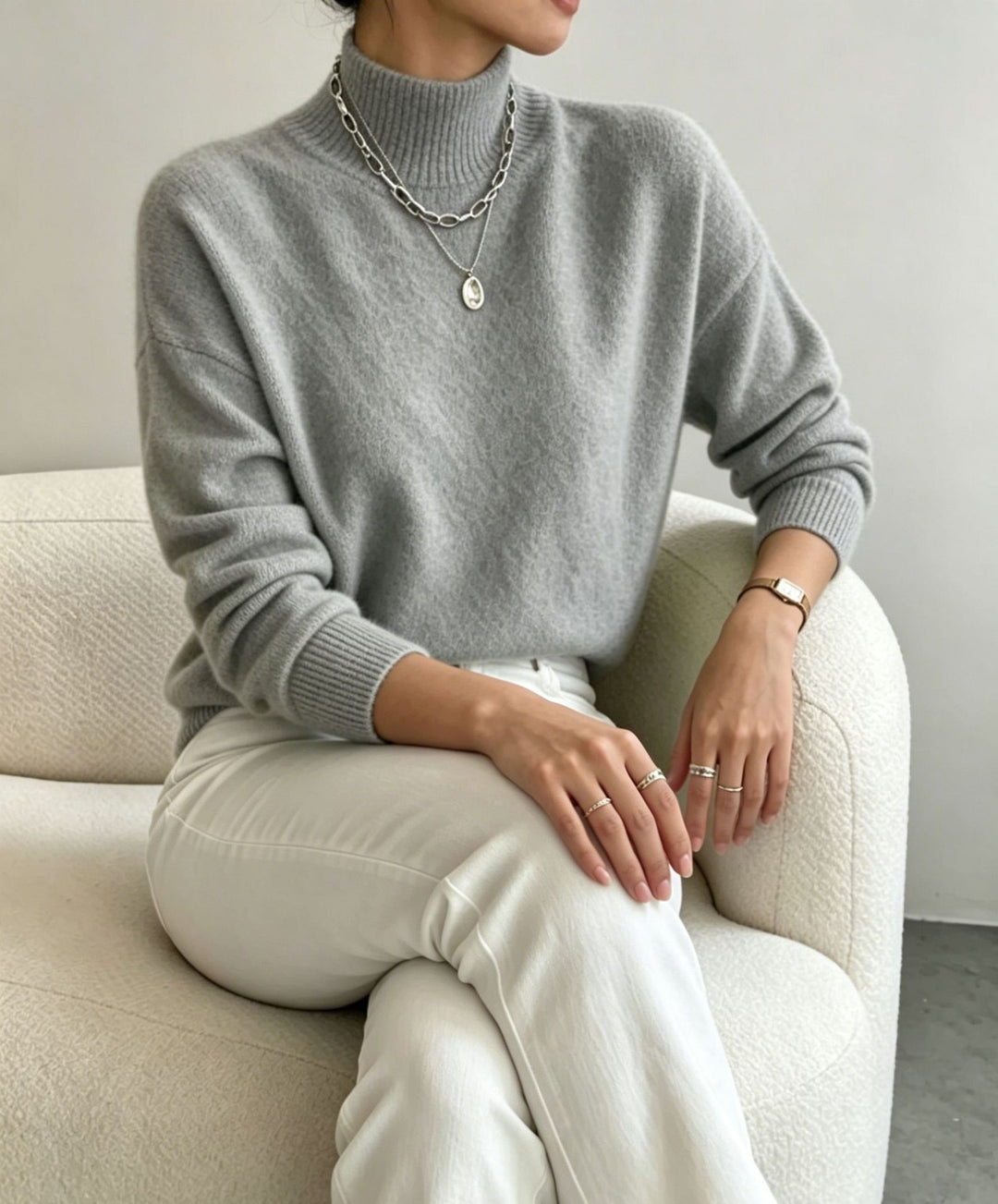 Damen kuscheliger Feinstrickpullover mit Stehkragen und überschnittener Schulter Drune
