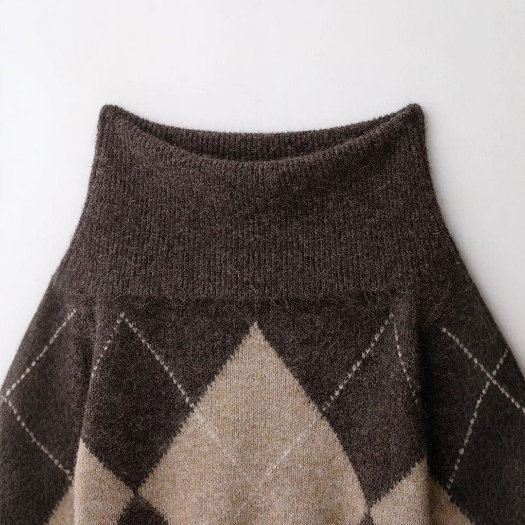 Damen 40+ weicher Mohair‑Mix Pullover mit weitem Rollkragen und Argyle‑Muster Drune